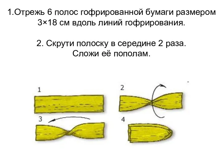 1.Отрежь 6 полос гофрированной бумаги размером 3×18 см вдоль линий гофрирования.