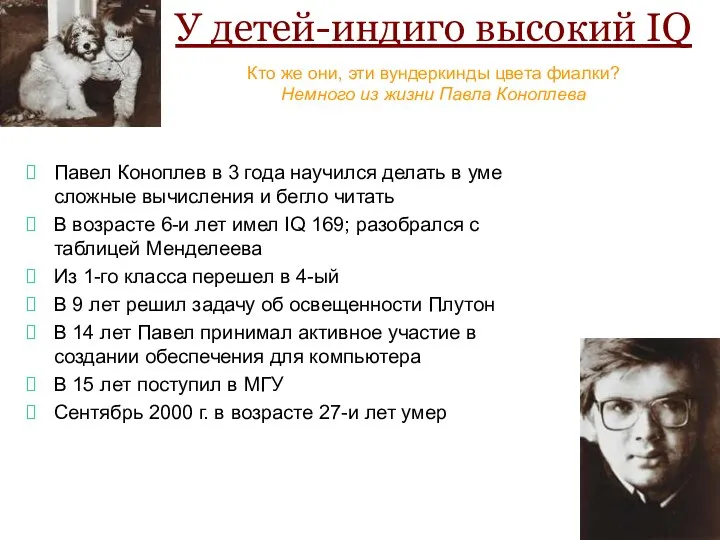 У детей-индиго высокий IQ Павел Коноплев в 3 года научился делать