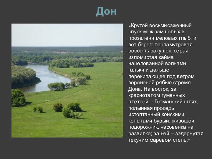 Дон «Крутой восьмисаженный спуск меж замшелых в прозелени меловых глыб, и