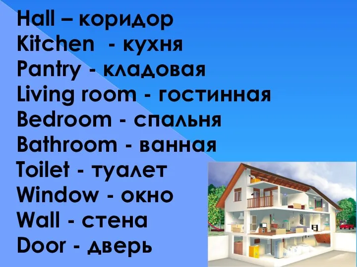 Hall – коридор Kitchen - кухня Pantry - кладовая Living room