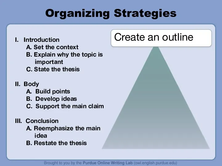 Organizing Strategies I. Introduction A. Set the context B. Explain why