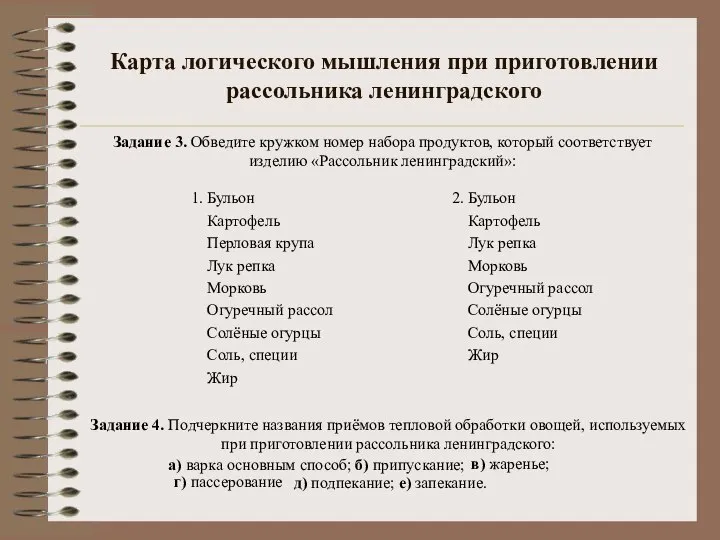 Карта логического мышления при приготовлении рассольника ленинградского 1. Бульон Картофель Перловая