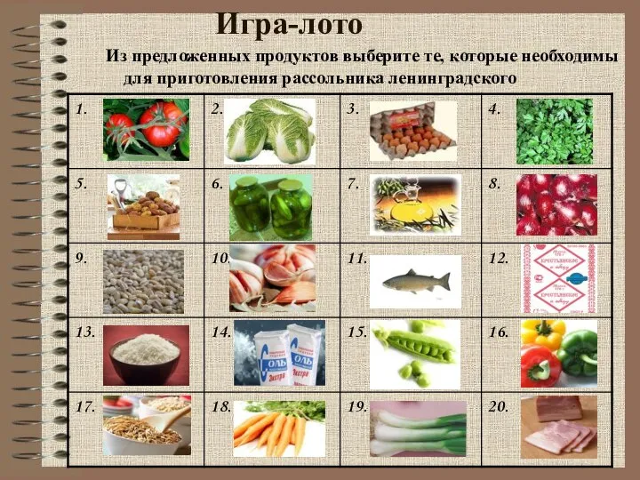Игра-лото Из предложенных продуктов выберите те, которые необходимы для приготовления рассольника ленинградского