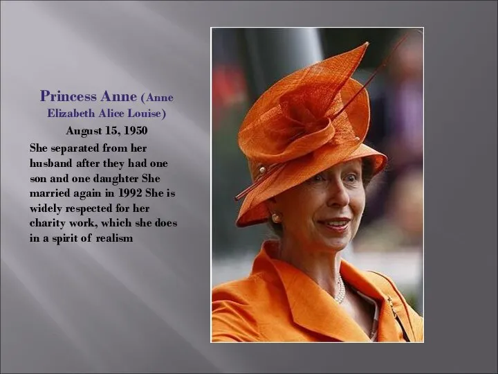 Princess Anne (Anne Elizabeth Alice Louise) August 15, 1950 She separated