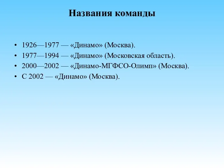 Названия команды 1926—1977 — «Динамо» (Москва). 1977—1994 — «Динамо» (Московская область).