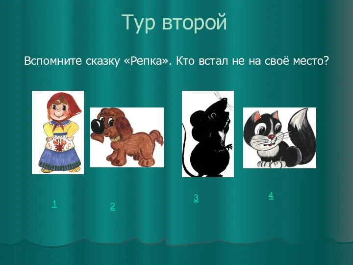 Тур второй Вспомните сказку «Репка». Кто встал не на своё место? 1 2 3 4