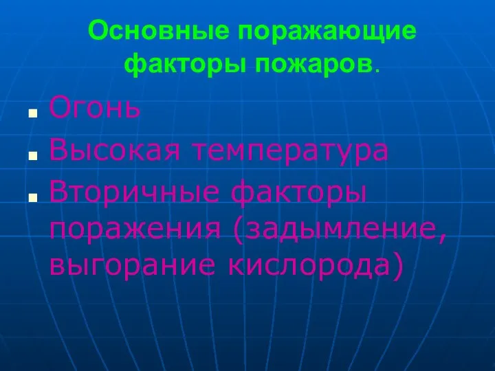 Огонь Высокая температура Вторичные факторы поражения (задымление, выгорание кислорода) Основные поражающие факторы пожаров.