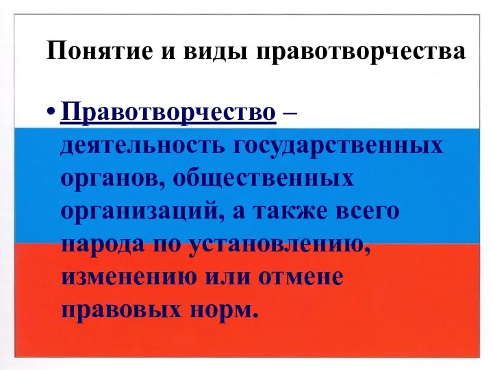 Понятие и виды правотворчества Правотворчество – деятельность государственных органов, общественных организаций,