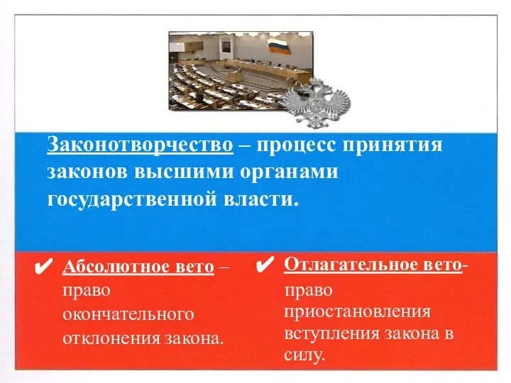 Абсолютное вето – право окончательного отклонения закона. Отлагательное вето- право приостановления