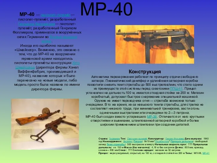 MP-40 MP-40 — пистолет-пулемёт— пистолет-пулемёт, разработанный Генрихом Фоллмером— пистолет-пулемёт, разработанный Генрихом