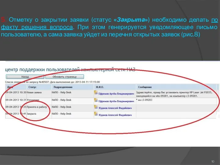 5. Отметку о закрытии заявки (статус «Закрыта») необходимо делать по факту