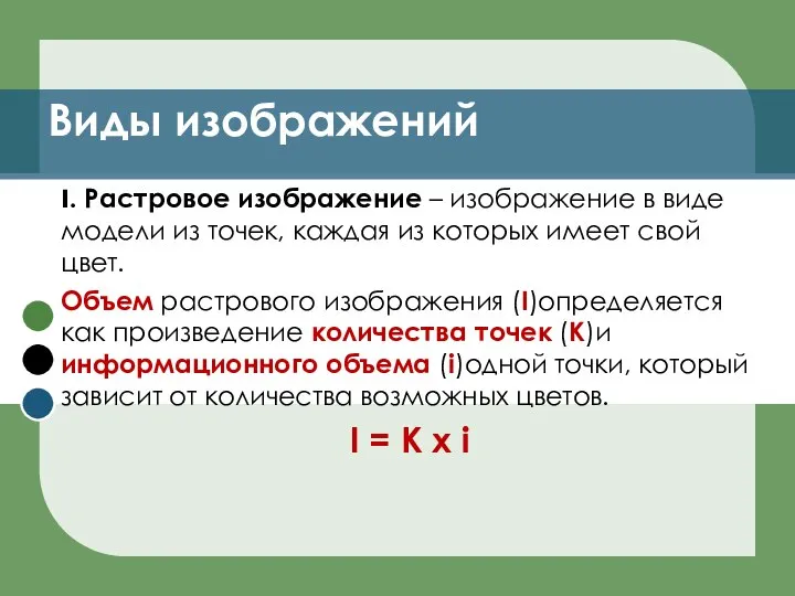 Виды изображений I. Растровое изображение – изображение в виде модели из