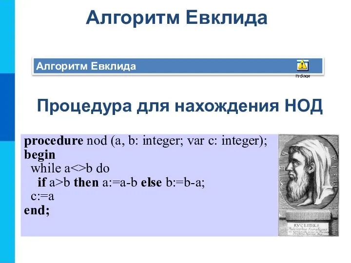 Алгоритм Евклида Алгоритм Евклида Процедура для нахождения НОД procedure nod (a,