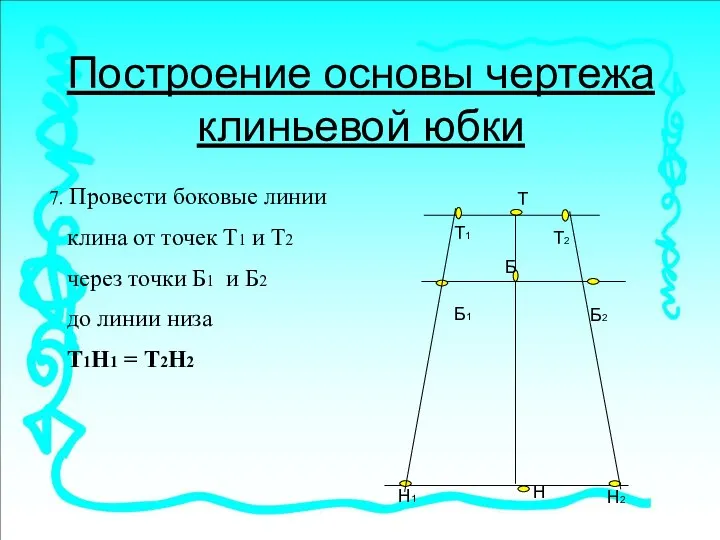 Построение основы чертежа клиньевой юбки 7. Провести боковые линии клина от