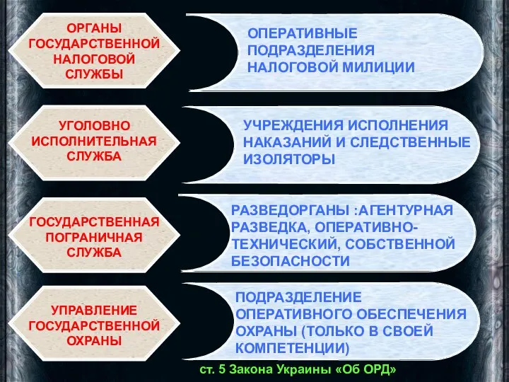 УГОЛОВНО ИСПОЛНИТЕЛЬНАЯ СЛУЖБА ГОСУДАРСТВЕННАЯ ПОГРАНИЧНАЯ СЛУЖБА УПРАВЛЕНИЕ ГОСУДАРСТВЕННОЙ ОХРАНЫ ОПЕРАТИВНЫЕ ПОДРАЗДЕЛЕНИЯ