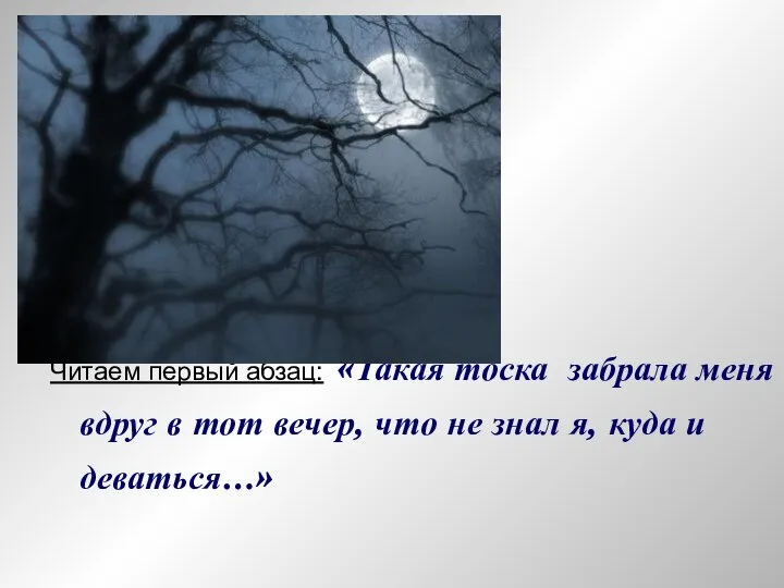 Читаем первый абзац: «Такая тоска забрала меня вдруг в тот вечер,