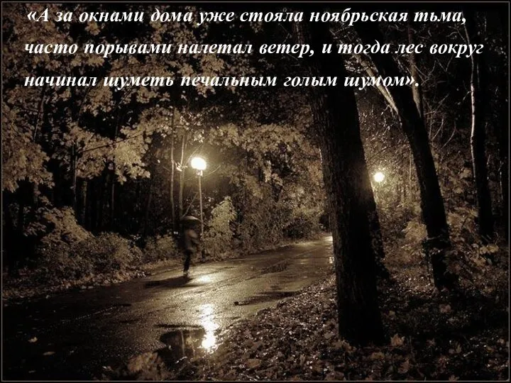 «А за окнами дома уже стояла ноябрьская тьма, часто порывами налетал