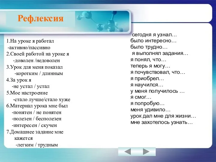 Рефлексия сегодня я узнал… было интересно… было трудно… я выполнял задания…