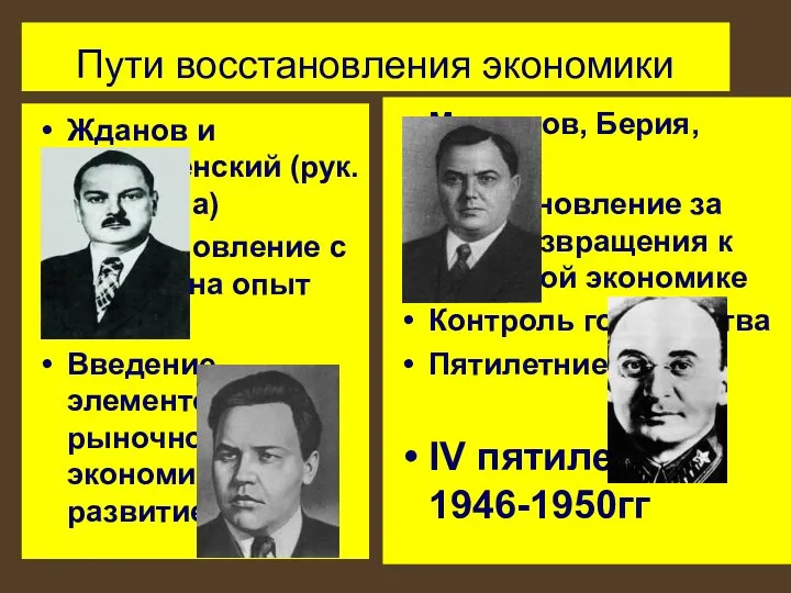 Пути восстановления экономики Жданов и Вознесенский (рук. Госплана) Восстановление с опорой