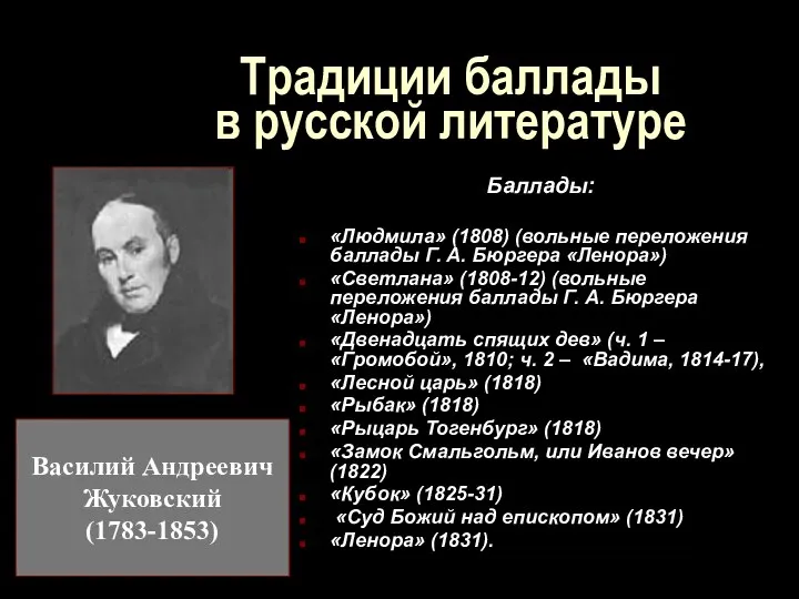 Традиции баллады в русской литературе Баллады: «Людмила» (1808) (вольные переложения бал­лады