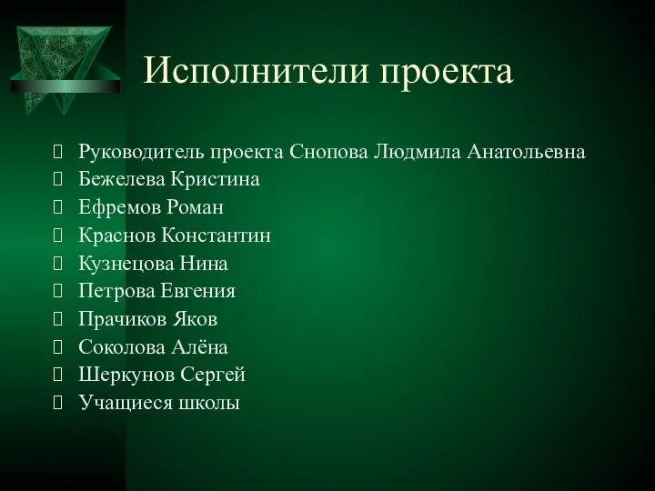 Исполнители проекта Руководитель проекта Снопова Людмила Анатольевна Бежелева Кристина Ефремов Роман