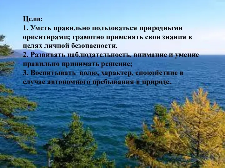 Цели: 1. Уметь правильно пользоваться природными ориентирами; грамотно применять свои знания