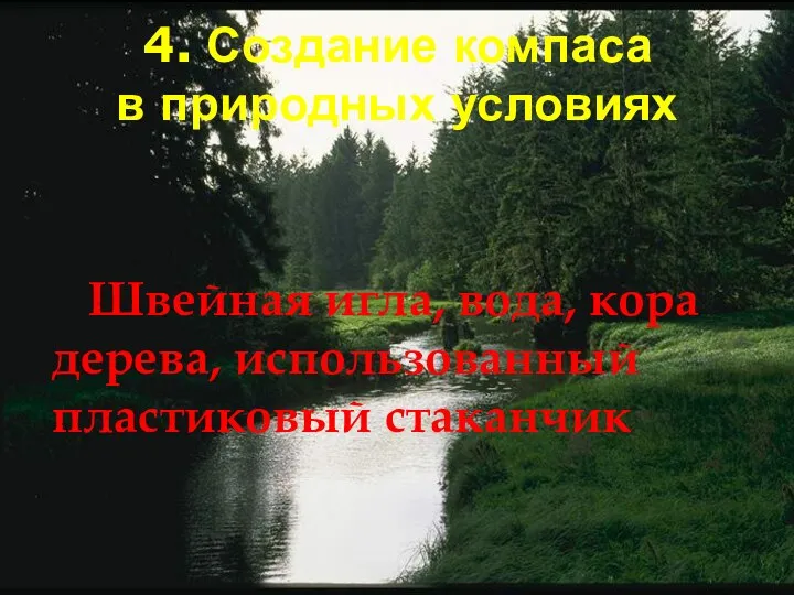 4. Создание компаса в природных условиях Швейная игла, вода, кора дерева, использованный пластиковый стаканчик