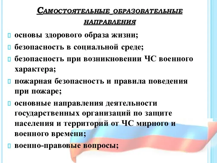 Самостоятельные образовательные направления основы здорового образа жизни; безопасность в социальной среде;