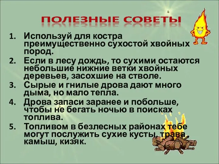 Используй для костра преимущественно сухостой хвойных пород. Если в лесу дождь,