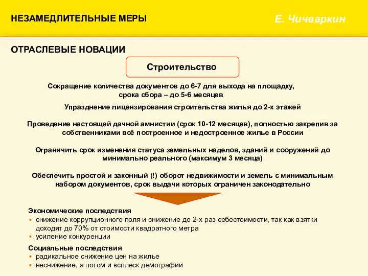 НЕЗАМЕДЛИТЕЛЬНЫЕ МЕРЫ Е. Чичваркин Сокращение количества документов до 6-7 для выхода