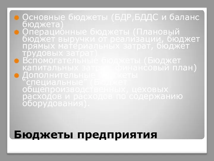 Бюджеты предприятия Основные бюджеты (БДР,БДДС и баланс бюджета) Операционные бюджеты (Плановый