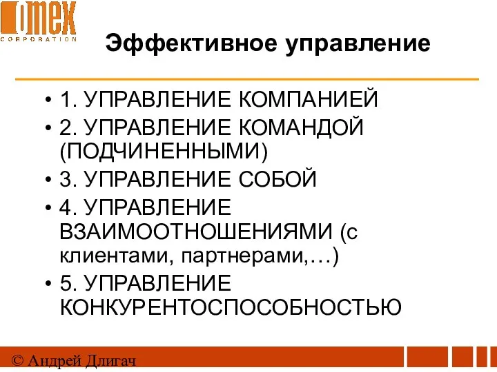 © Андрей Длигач Эффективное управление 1. УПРАВЛЕНИЕ КОМПАНИЕЙ 2. УПРАВЛЕНИЕ КОМАНДОЙ