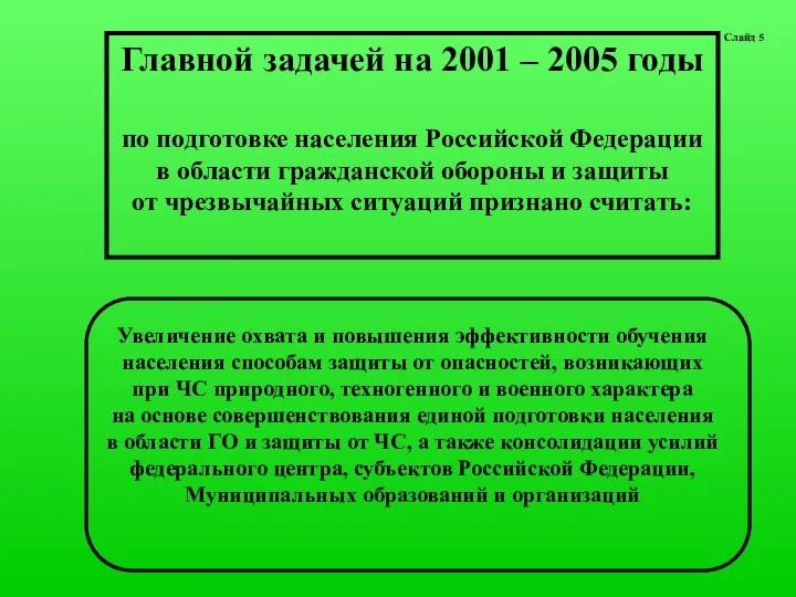 Слайд 5 Главной задачей на 2001 – 2005 годы по подготовке