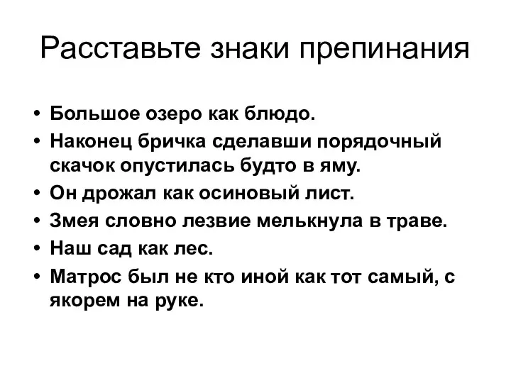 Расставьте знаки препинания Большое озеро как блюдо. Наконец бричка сделавши порядочный