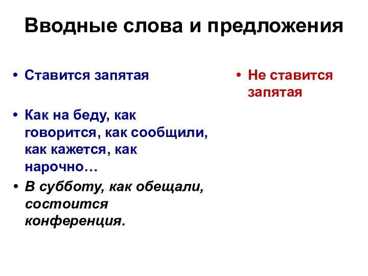 Вводные слова и предложения Ставится запятая Как на беду, как говорится,