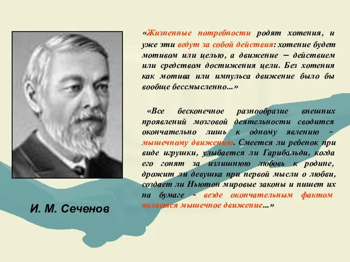 И. М. Сеченов «Жизненные потребности родят хотения, и уже эти ведут