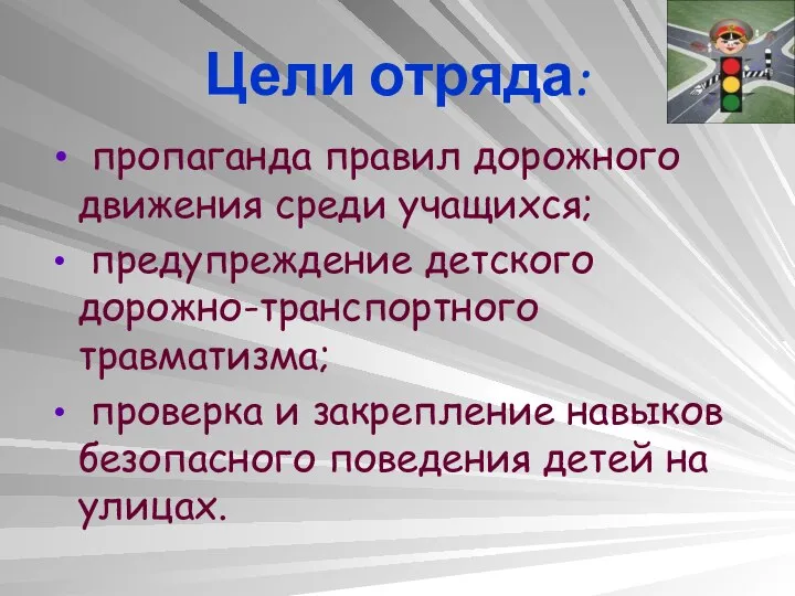 Цели отряда: пропаганда правил дорожного движения среди учащихся; предупреждение детского дорожно-транспортного