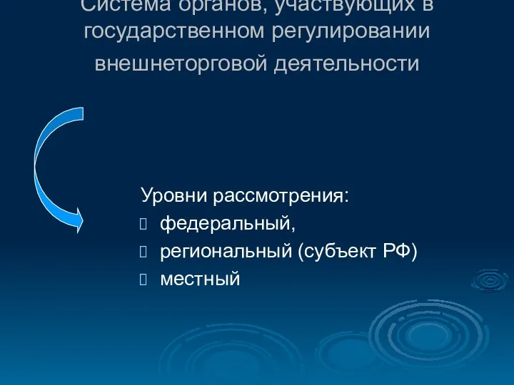 Система органов, участвующих в государственном регулировании внешнеторговой деятельности Уровни рассмотрения: федеральный, региональный (субъект РФ) местный