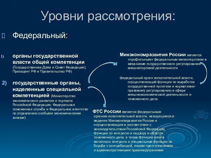 Уровни рассмотрения: Федеральный: органы государственной власти общей компетенции (Государственная Дума и