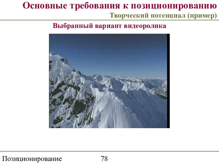 Позиционирование торговой марки Основные требования к позиционированию Творческий потенциал (пример) Выбранный вариант видеоролика