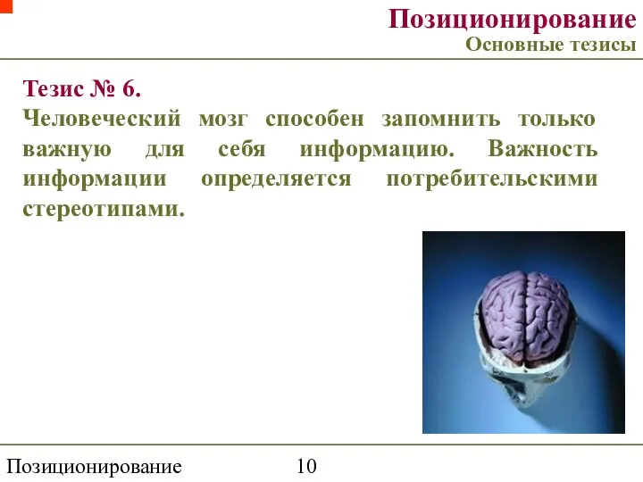 Позиционирование торговой марки Позиционирование Основные тезисы Тезис № 6. Человеческий мозг