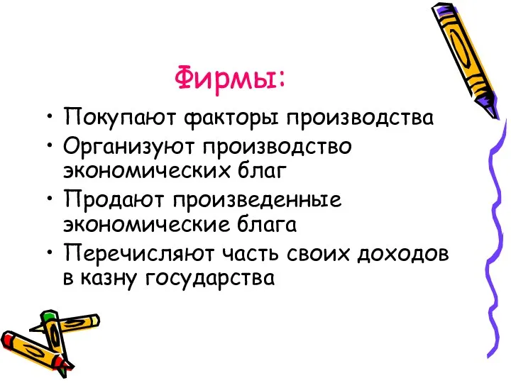 Фирмы: Покупают факторы производства Организуют производство экономических благ Продают произведенные экономические