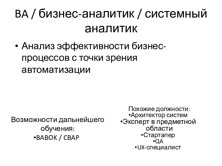 BA / бизнес-аналитик / системный аналитик Анализ эффективности бизнес-процессов с точки