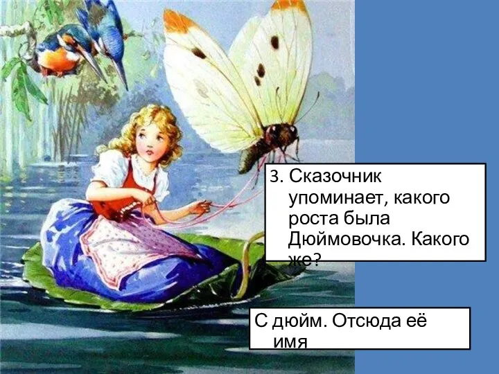 3. Сказочник упоминает, какого роста была Дюймовочка. Какого же? С дюйм. Отсюда её имя