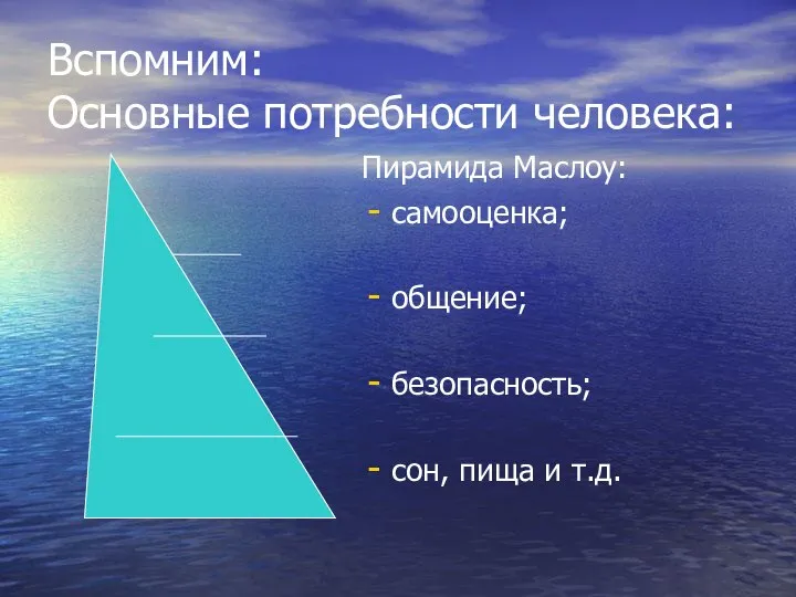 Вспомним: Основные потребности человека: Пирамида Маслоу: самооценка; общение; безопасность; сон, пища и т.д.