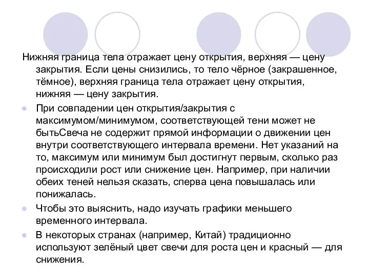 Нижняя граница тела отражает цену открытия, верхняя — цену закрытия. Если