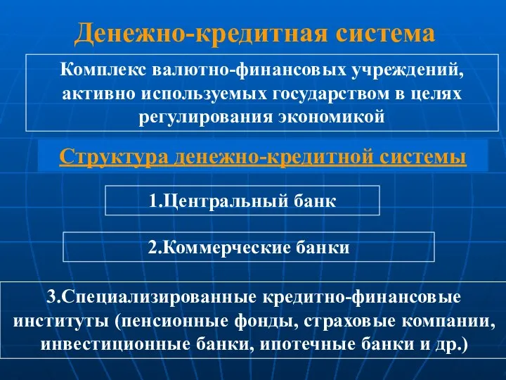 Денежно-кредитная система Комплекс валютно-финансовых учреждений, активно используемых государством в целях регулирования