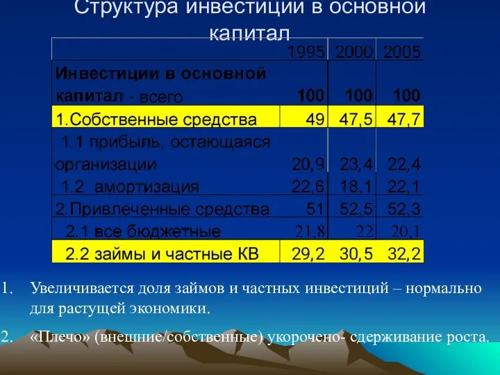 Структура инвестиций в основной капитал Увеличивается доля займов и частных инвестиций