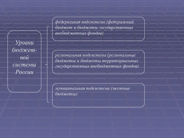 Уровни бюджет-ной системы России региональная подсистема (региональные бюджеты и бюджеты территориальных