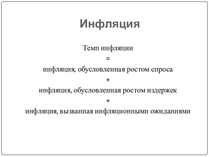 Инфляция Темп инфляции = инфляция, обусловленная ростом спроса + инфляция, обусловленная